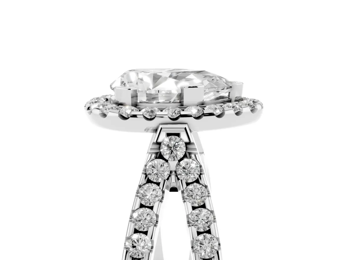 Pear Cut Diamond Halo Ring with Split Shank Pavé Band and Prong Setting Silver