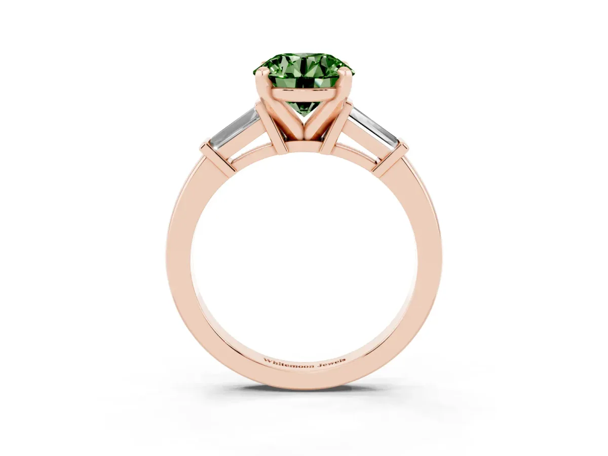 Fancy Green Round Cut Cut Diamond Solitaire Ring with Tapered Baguette Accents and Four-Prong Setting Rose gold