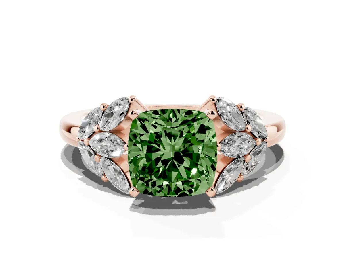 Fancy Green Cushion Cut Diamond Cluster Leaf Design Ring with Prong Setting Rose gold