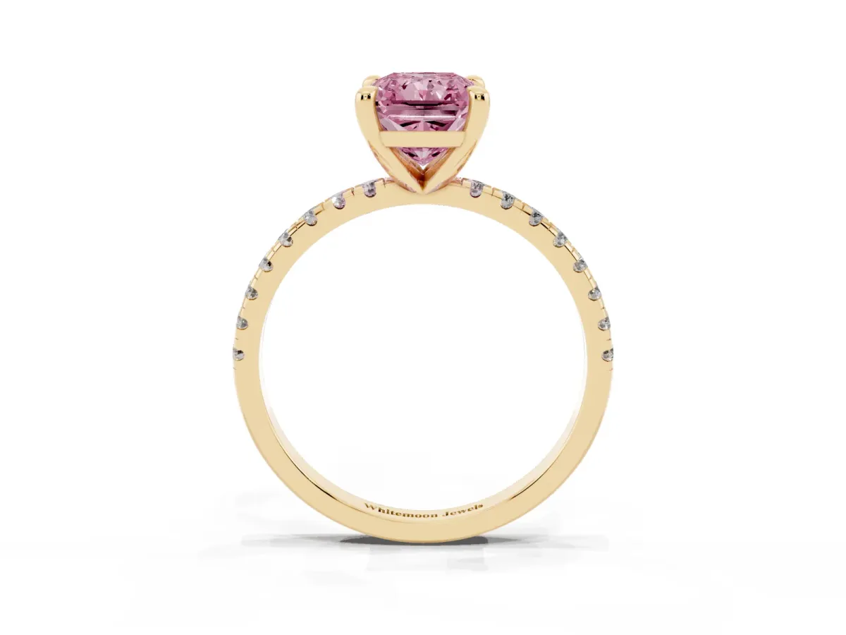Fancy Pink Radiant Cut Diamond Brilliant Solitaire Ring with Pavé Band and Four-Prong Setting Yellow gold