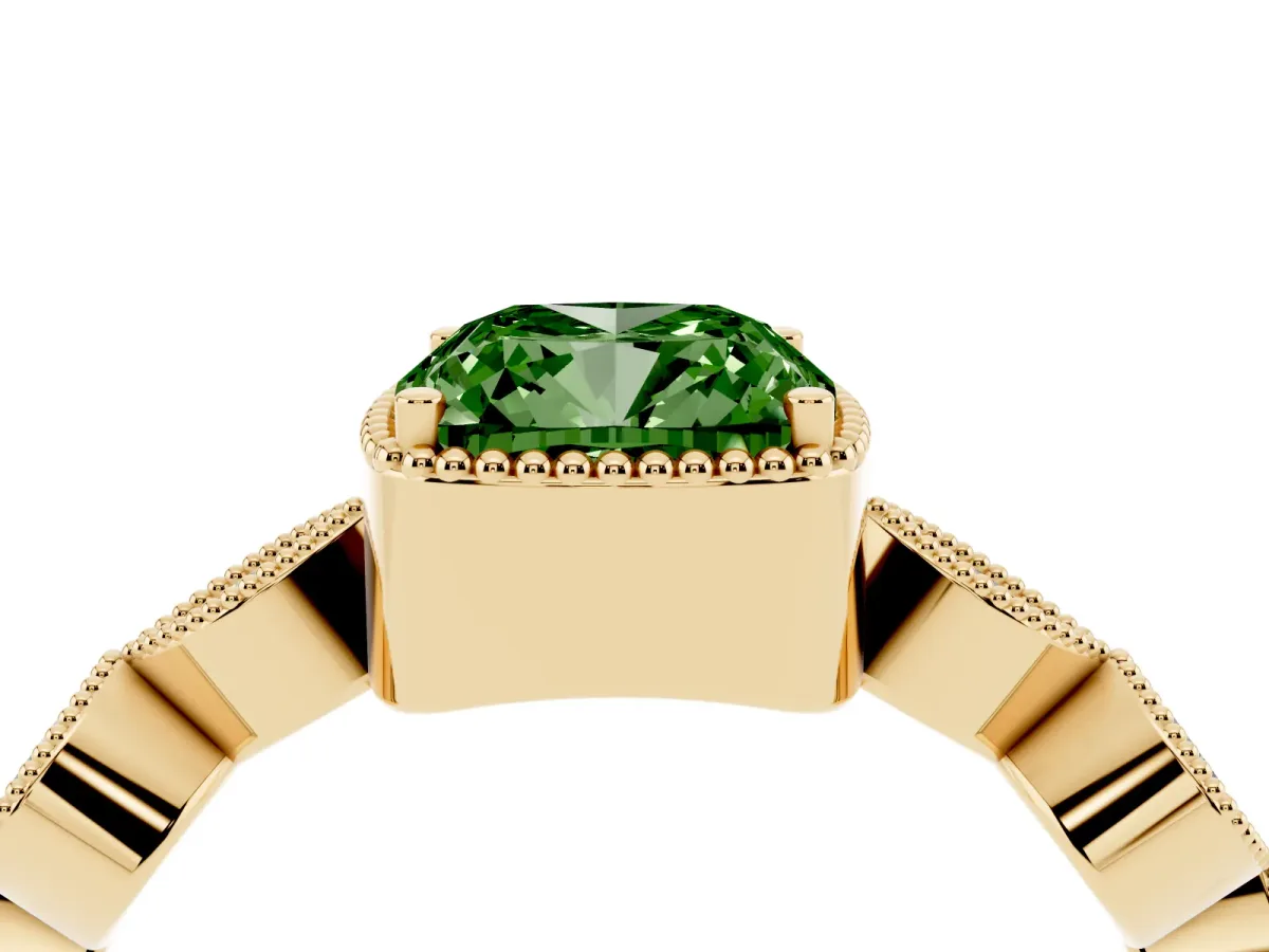 Fancy Green Cushion Cut Diamond Vintage Milgrain Ring with Round Stations Yellow gold