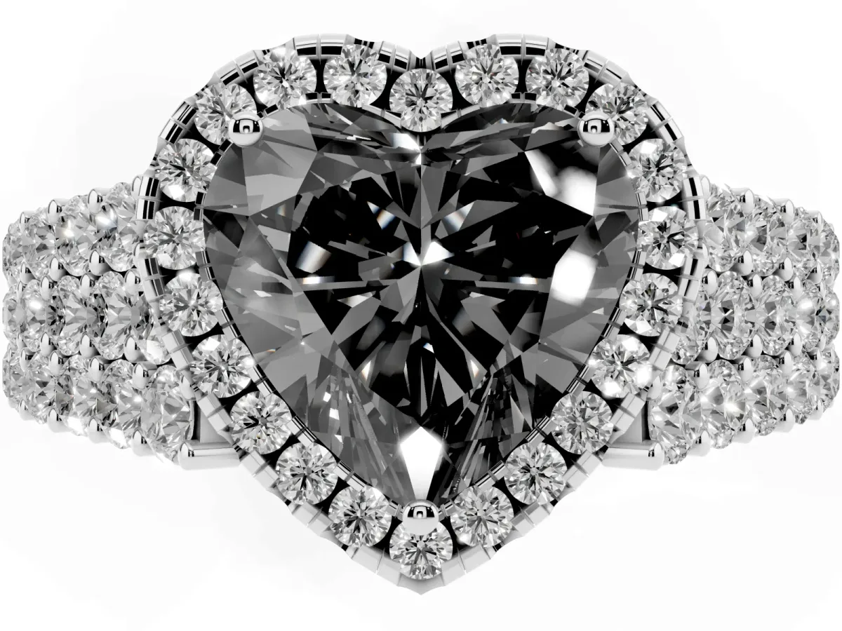 Fancy Black Heart Cut Diamond Halo Engagement Ring with Triple Row Round Pavé Band and Prong Setting Silver