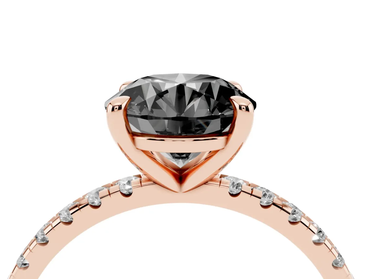 Fancy Black Round Cut Diamond Brilliant Solitaire Ring with Pavé Band and Four-Prong Setting Rose gold