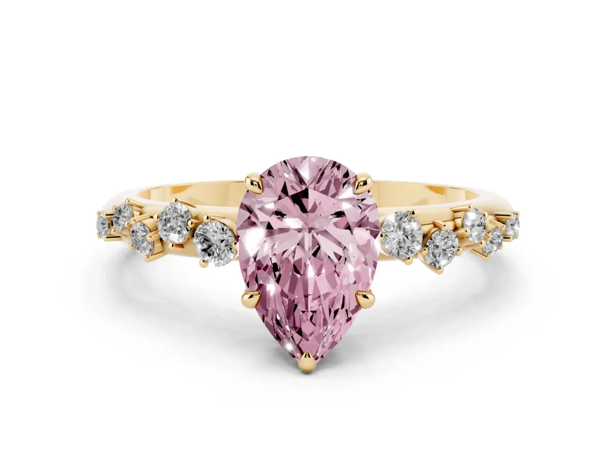 Fancy Pink Pear Cut Diamond Cluster Prong-Set Solitaire Ring Yellow gold