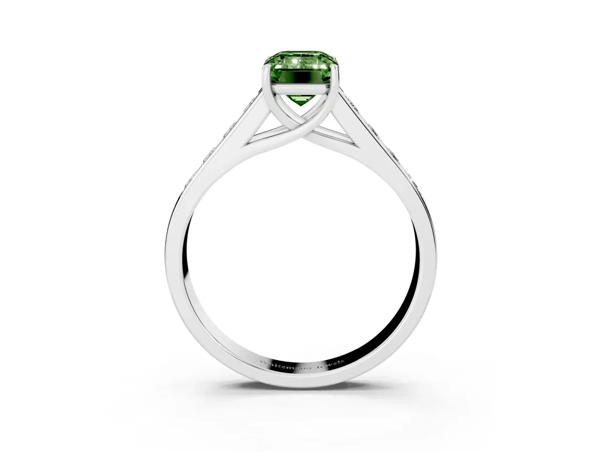 Fancy Green Emerald Cut Solitaire Channel-Set Diamond Engagement Ring with Four-Prong Setting Silver