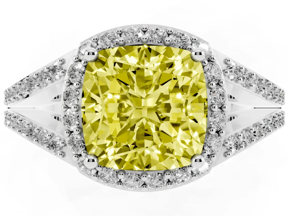 Fancy Yellow Cushion Cut Halo Split Shank Pave Diamond Ring with Four-Prong Setting Silver