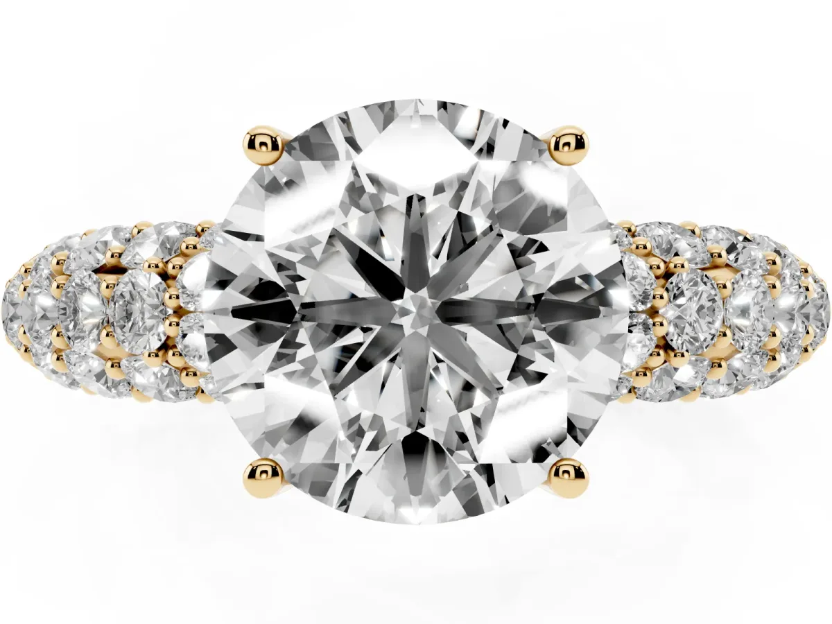 Round Cut Diamond Pavé Band Solitaire Ring with Four-Prong Setting Yellow gold