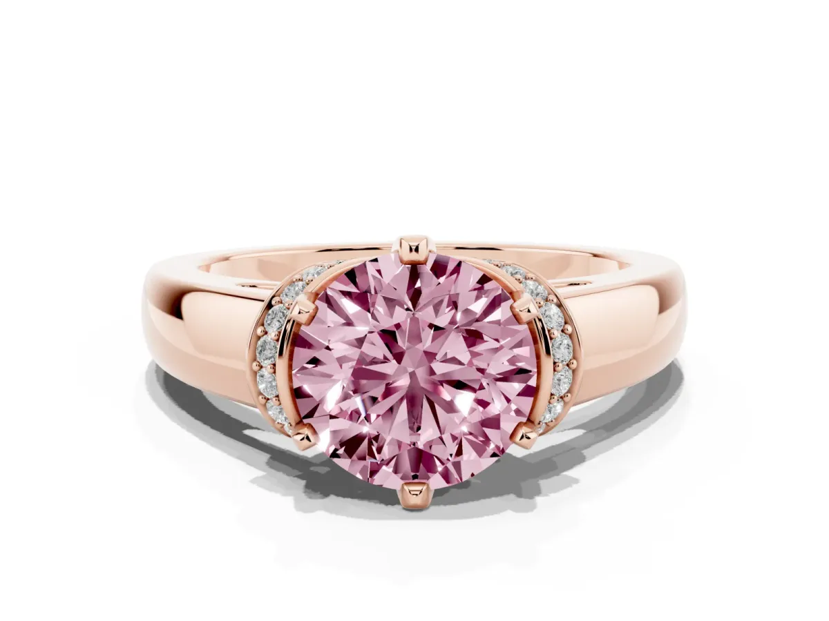 Fancy Pink Round Cut Solitaire Diamond Ring with Pave Band and Six-Prong Setting Rose gold