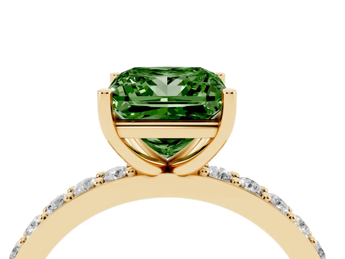Fancy Green Princess Cut Cut Diamond Solitaire with Pave Band and Four-Prong Setting Yellow gold