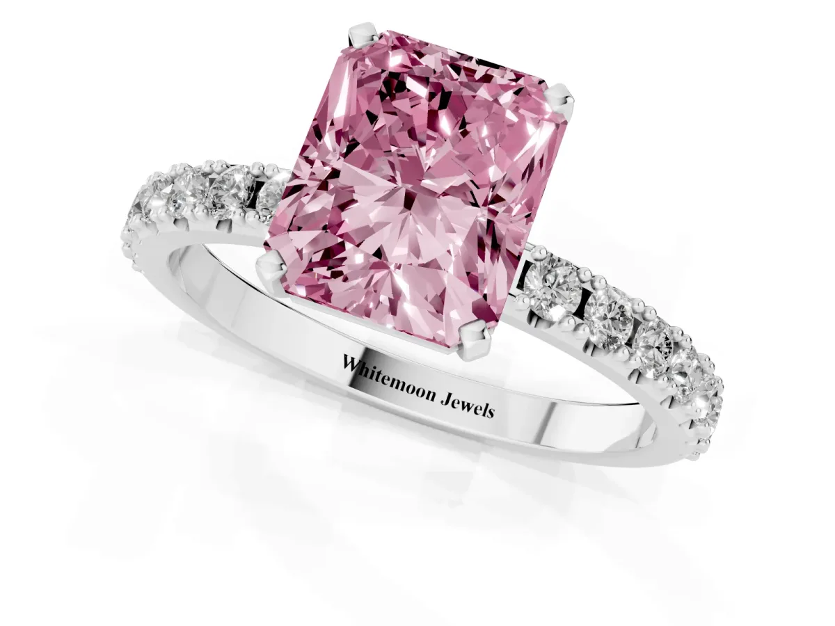 Fancy Pink Radiant Cut Diamond Solitaire Pavé Band with Four-Prong Setting Silver