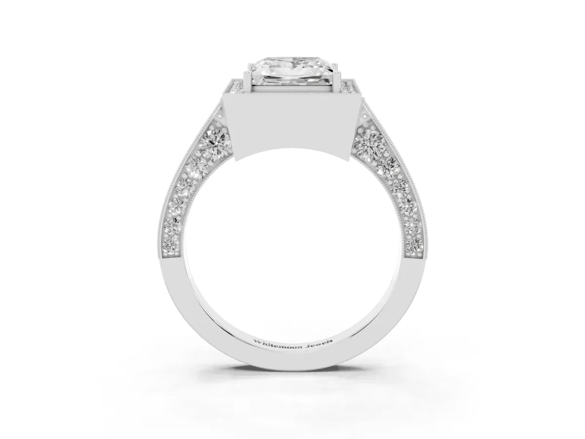 Princess Cut Halo Diamond Engagement Ring with Split Shank Band and Four-Prong Setting Silver
