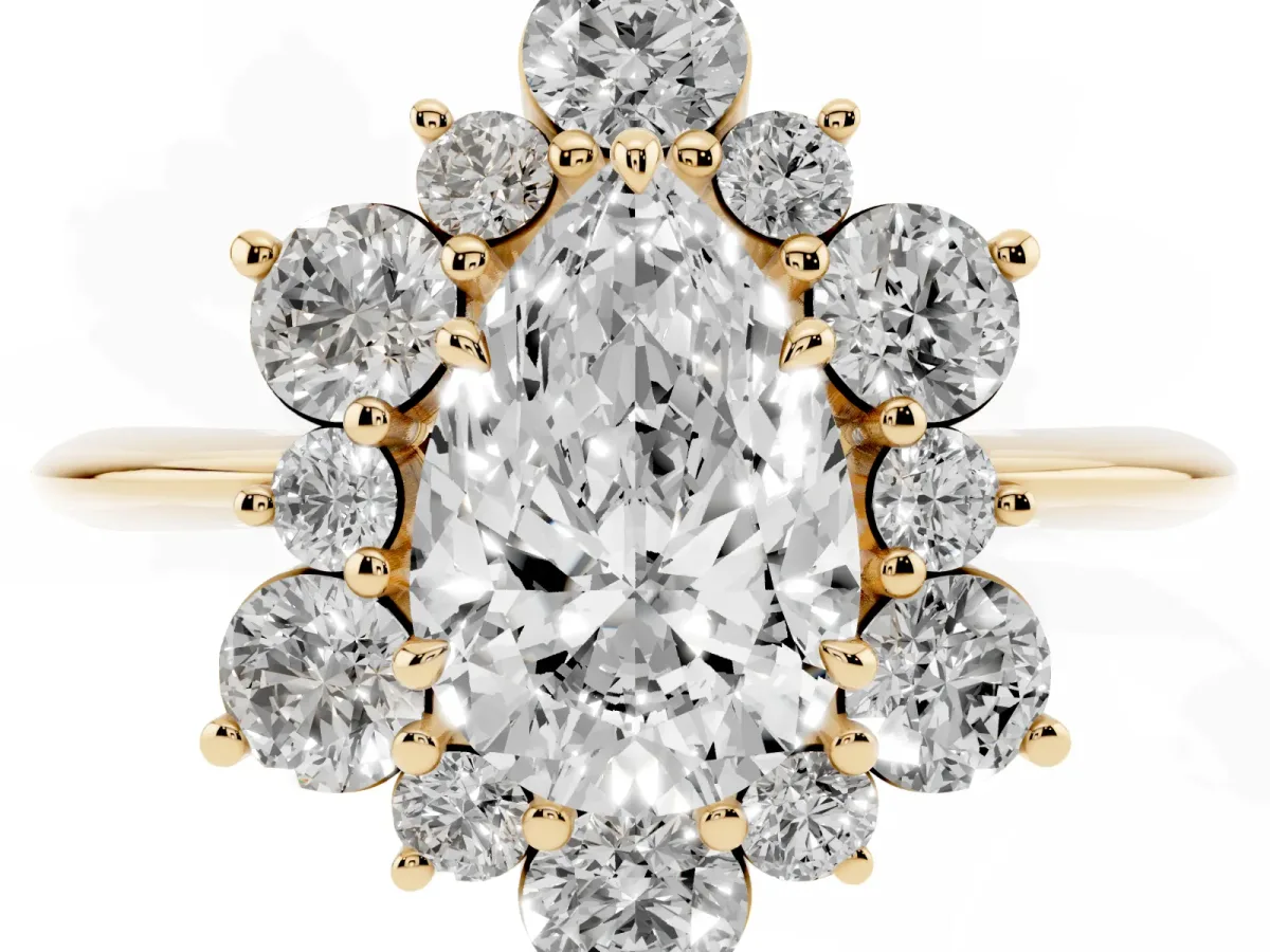 Pear Cut Diamond Cluster Halo Ring with Solitaire Band and Four-Prong Setting Yellow gold