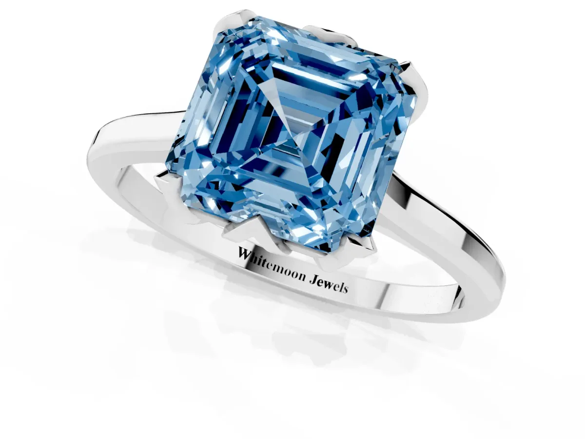 Fancy Blue Asscher Cut Diamond Solitaire Ring with Flower Prong Setting and Classic Band Silver