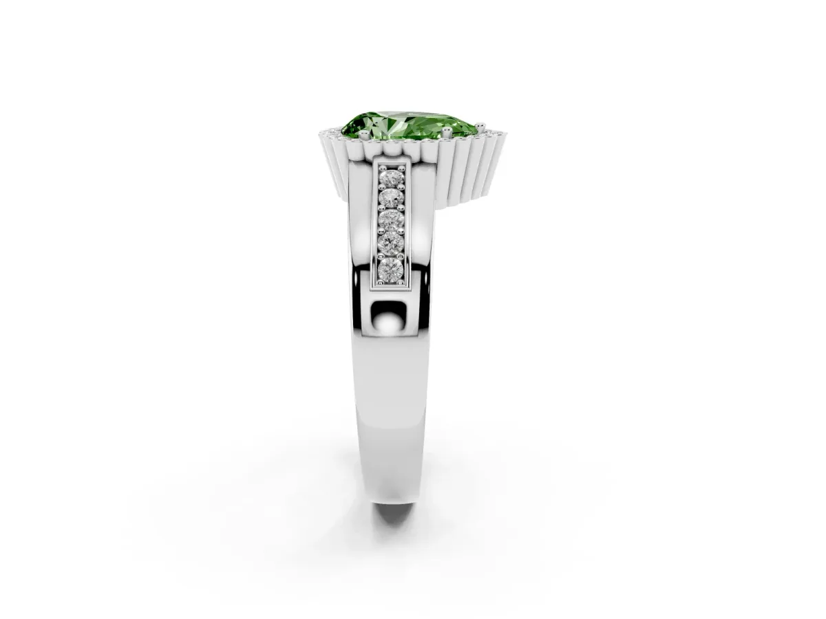 Fancy Green Pear Cut Cut Halo Pave Band Four-Prong Ring Platinum