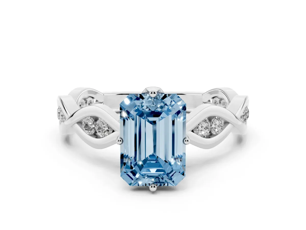 Fancy Blue Emerald Cut Solitaire Twist Band with Leaf Prong Setting Platinum