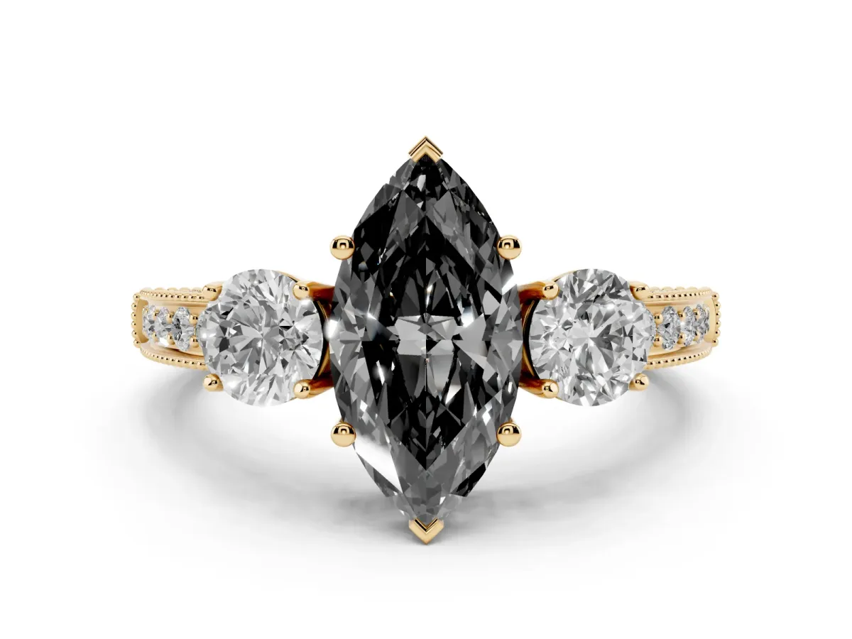 Fancy Black Marquise Cut Three-Stone Diamond Ring with Pavé Band and Four-Prong Setting Yellow gold