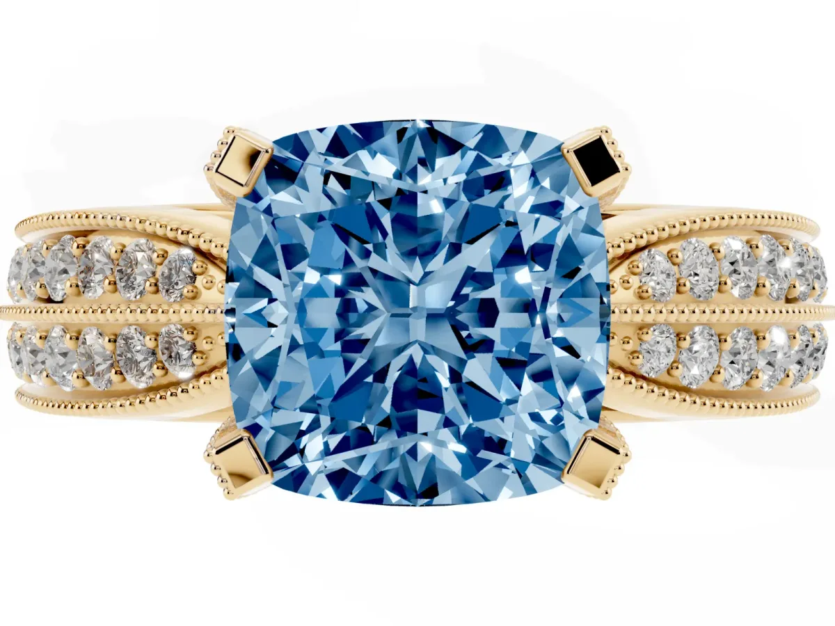 Fancy Blue Cushion Cut Diamond Solitaire Ring with Milgrain Round Pavé Band and Prong Setting Yellow gold