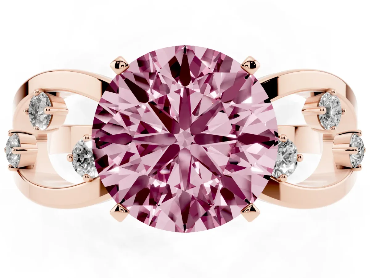Fancy Pink Round Cut Cut Solitaire Diamond with Side Stones on Criss-Cross Band and Four-Prong Setting Rose gold