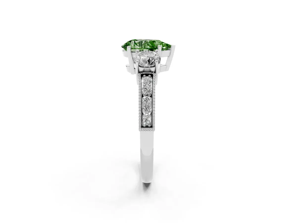 Fancy Green Pear Cut Three-Stone Diamond Ring with Pavé Band and Four-Prong Setting Silver