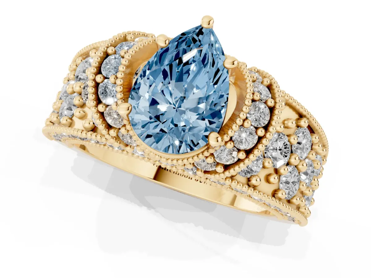Fancy Blue Pear Cut Halo Pave Diamond Engagement Ring with Milgrain Detailing Yellow gold