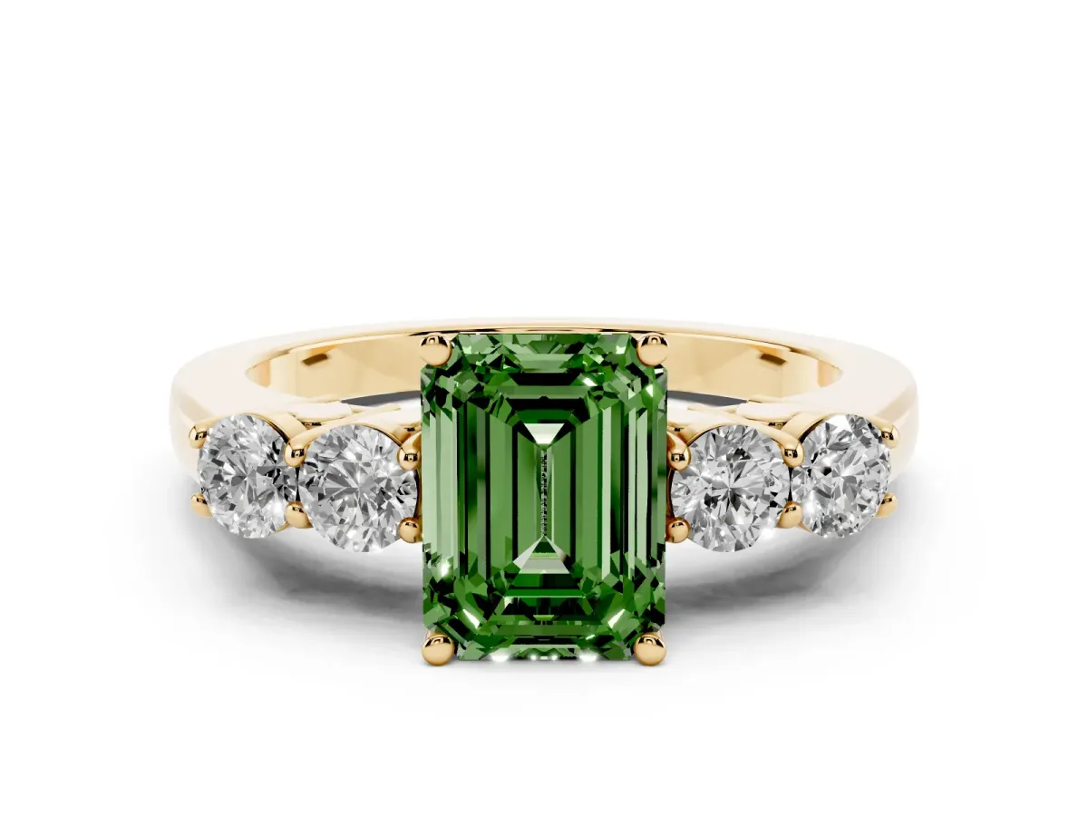 Fancy Green Emerald Cut Cut Diamond Five-Stone Prong Set White Gold Ring Yellow gold