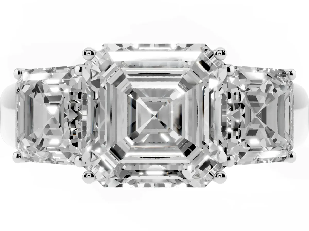 Three-Stone Asscher Cut Cut Diamond Ring with Prong Setting and Classic Band Silver