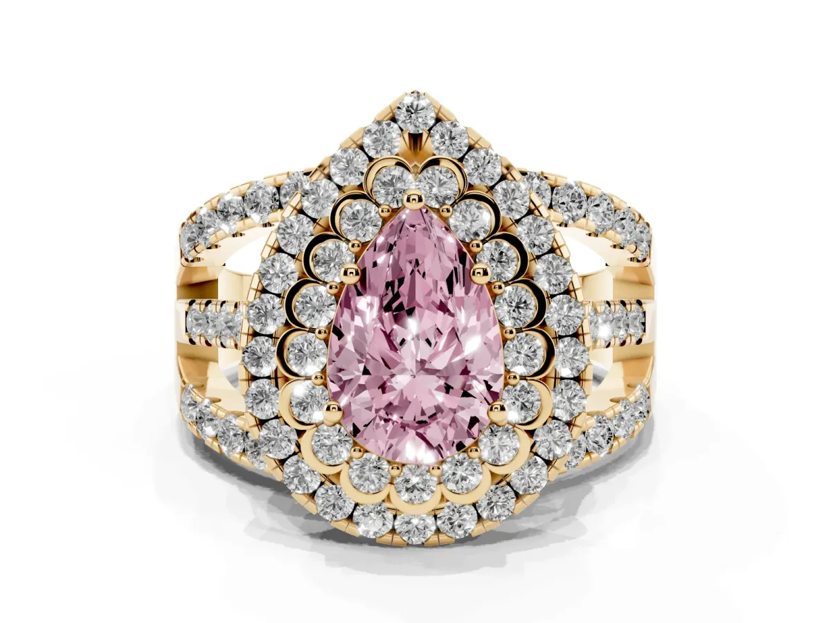 Fancy Pink Pear Cut Diamond Double Halo Ring with Round Pavé Split Shank and Prong Setting Yellow gold
