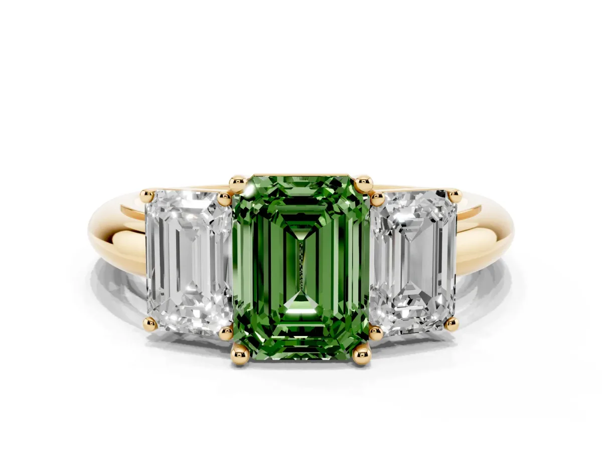 Fancy Green Three-Stone Emerald Cut Cut Diamond Engagement Ring with Prong Setting on a White Gold Band Yellow gold