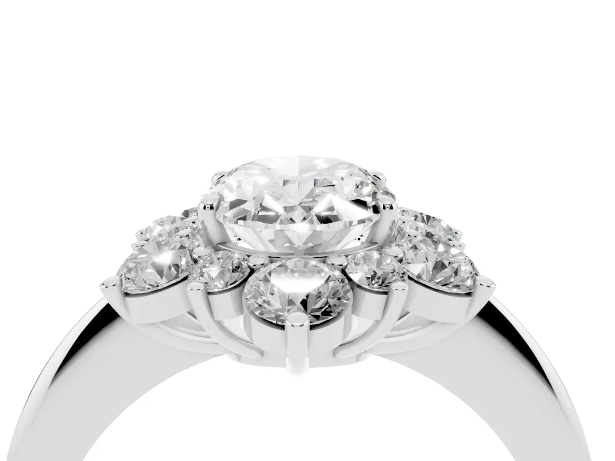 Oval Cut Diamond Cluster Halo Ring with Solitaire Band and Four-Prong Setting Silver