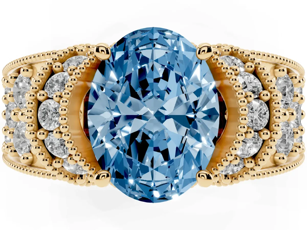 Fancy Blue Oval Cut Halo Pave Diamond Engagement Ring with Milgrain Detailing Yellow gold