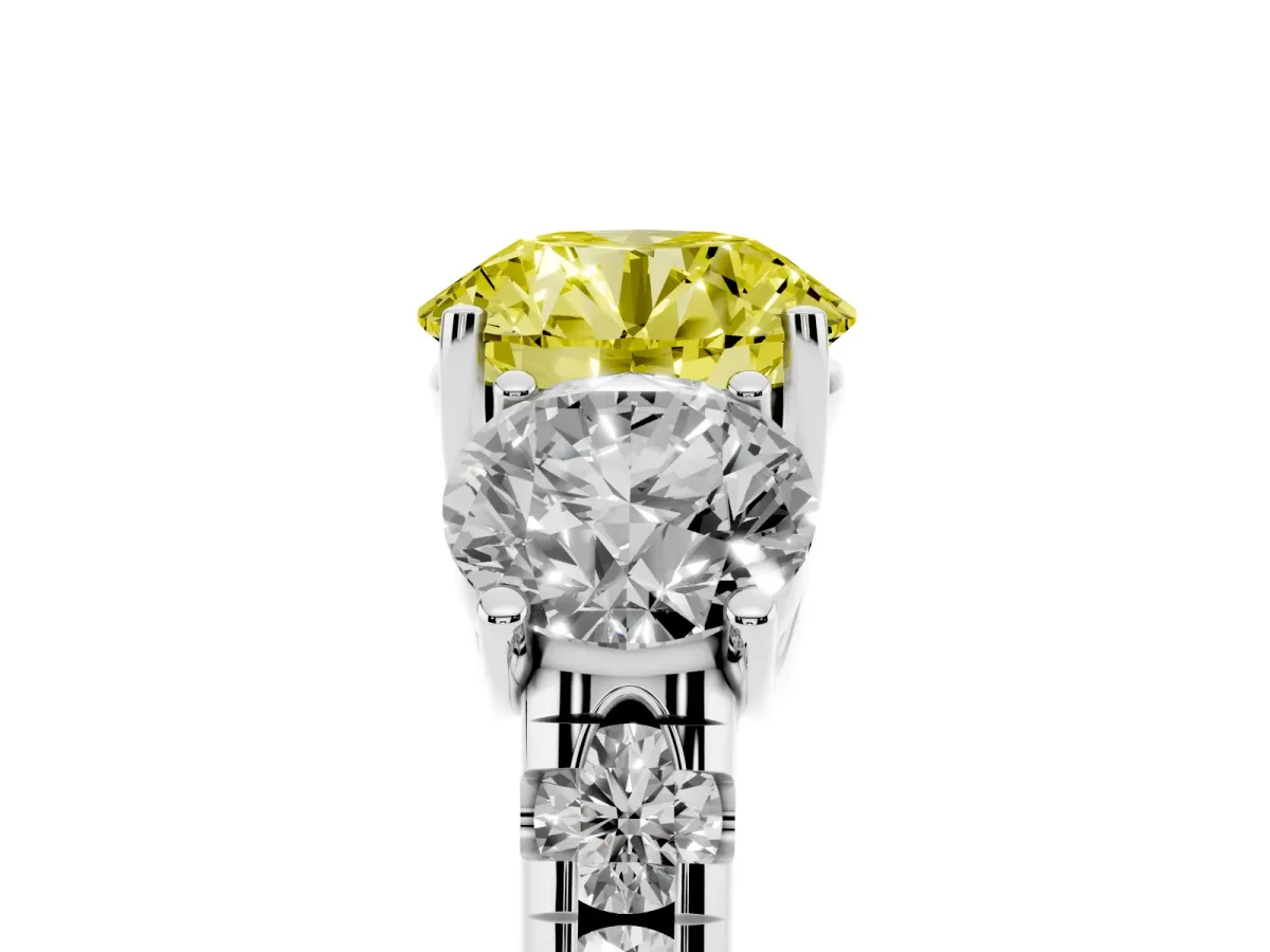 Fancy Yellow Three-Stone Round Cut Diamond Pavé Band with Prong Setting Silver