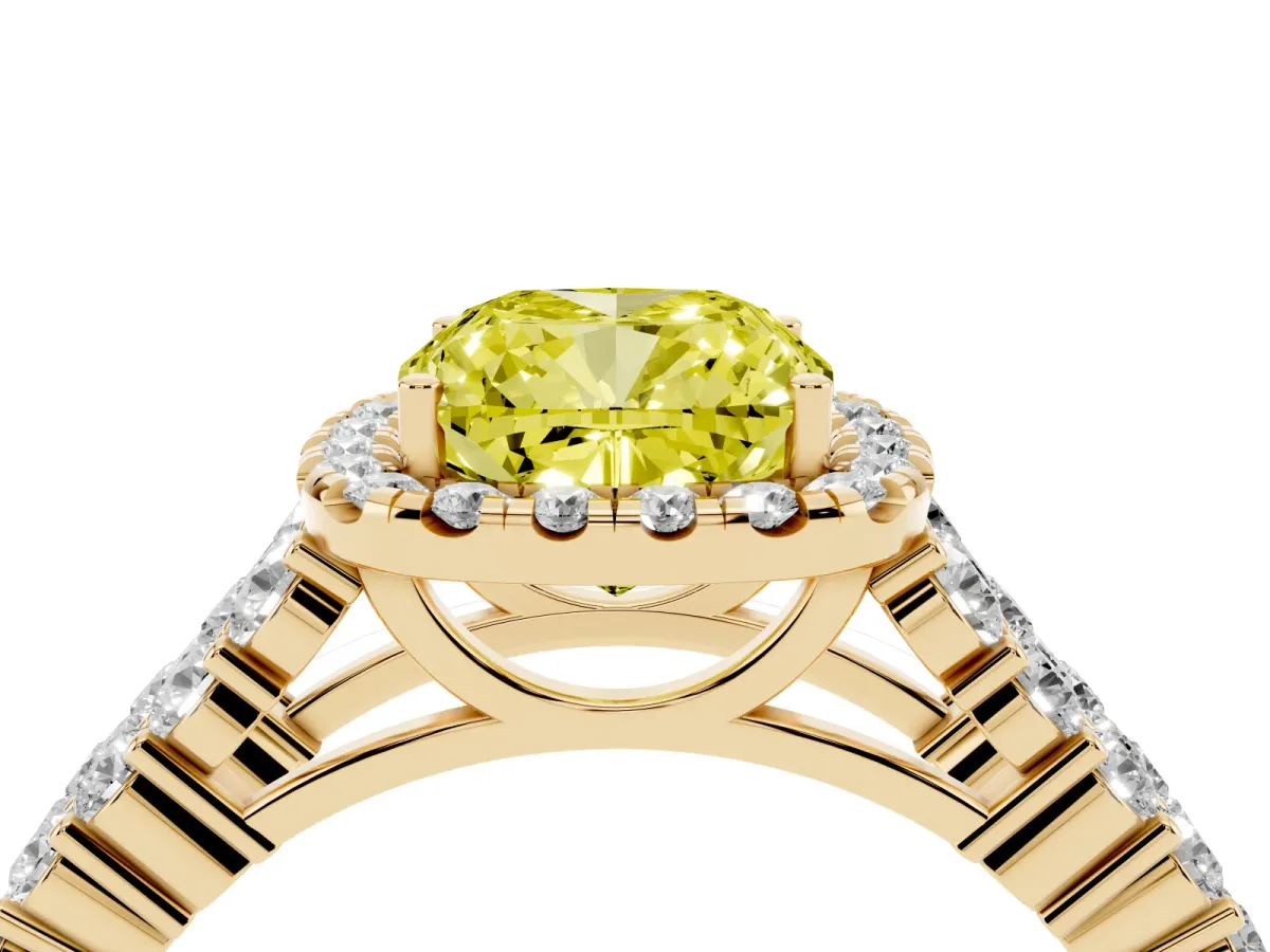 Fancy Yellow Cushion Cut Diamond Halo Engagement Ring with Triple Row Round Pavé Band and Prong Setting Yellow gold
