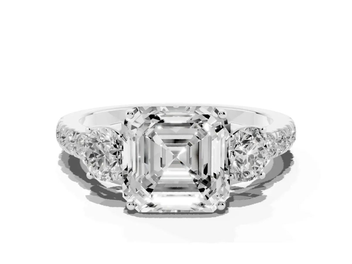 Asscher Cut Cut Diamond Three-Stone Ring with Round Side Stones and Pavé Band White gold