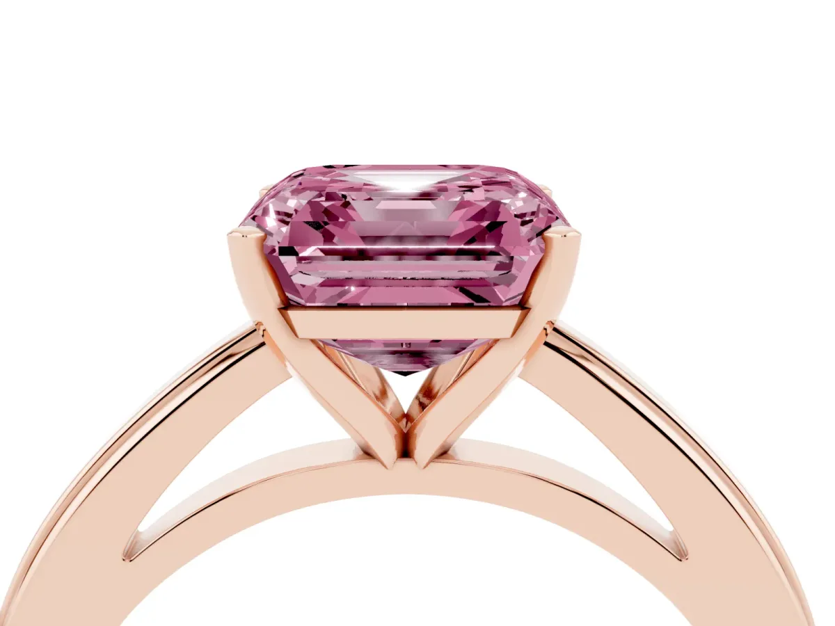 Fancy Pink Asscher Cut Solitaire Diamond Ring with Four-Prong Setting and Classic Band Rose gold