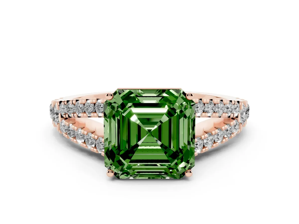 Fancy Green Asscher Cut Diamond Split Shank Pavé Engagement Ring with Four-Prong Setting Rose gold