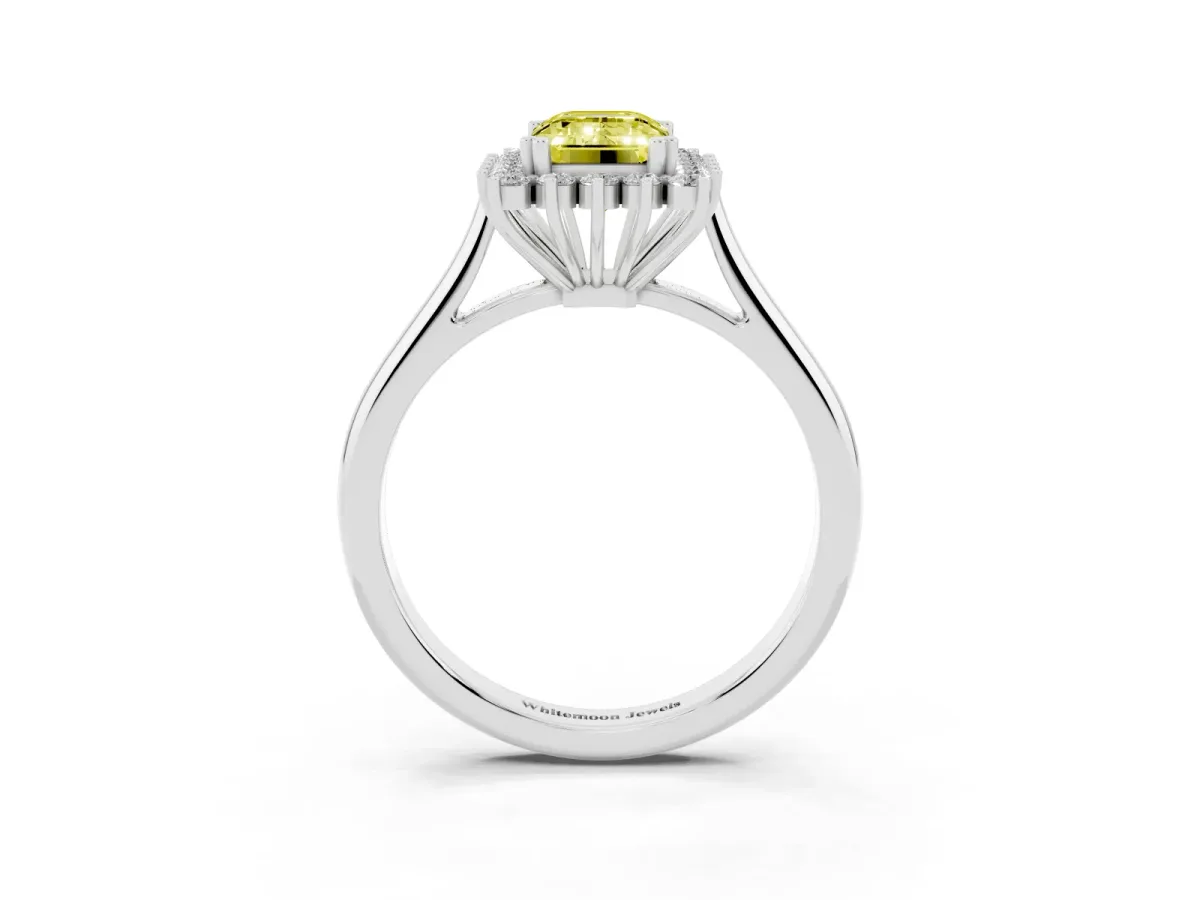 Fancy Yellow Emerald Cut Cut Diamond Halo Ring with Solitaire Band and Prong Setting Platinum