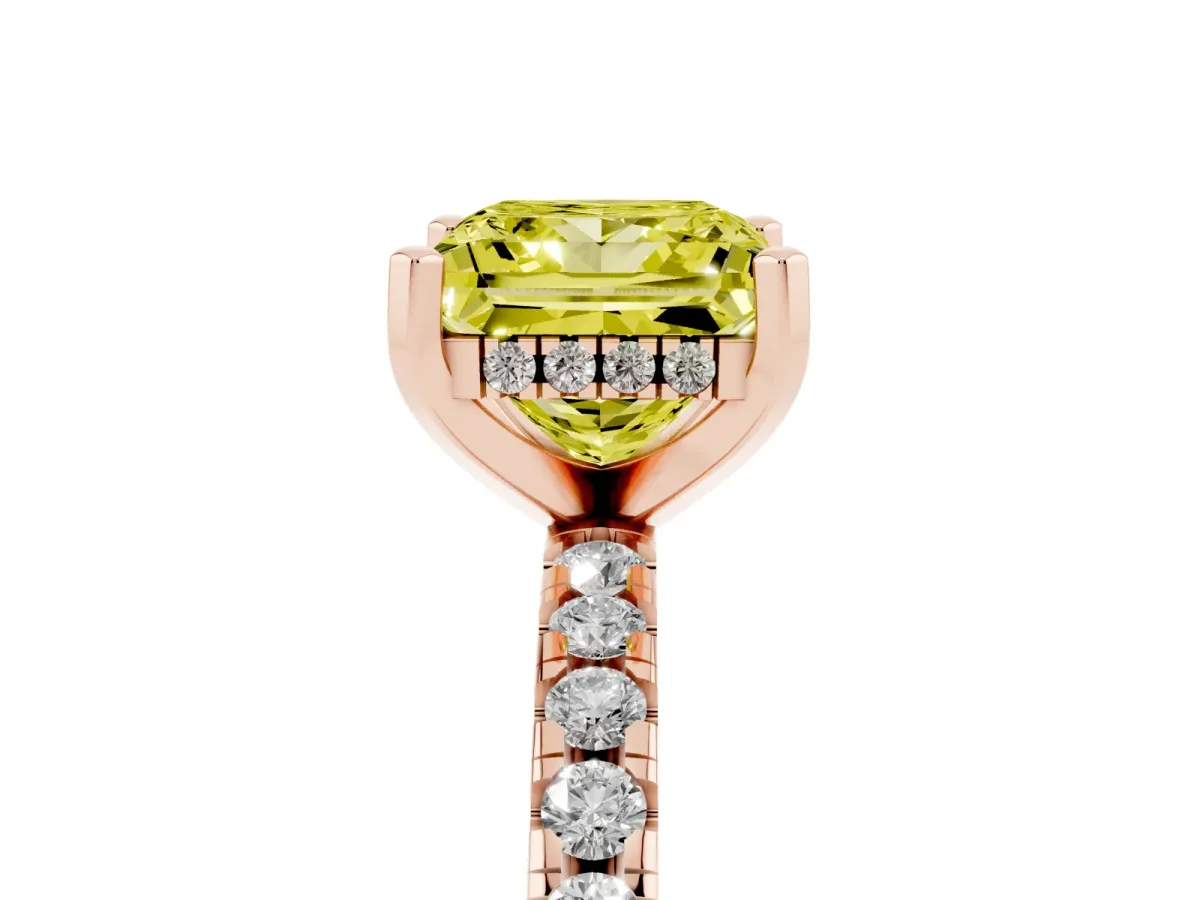 Fancy Yellow Princess Cut Diamond Solitaire Ring with Round Pavé Band and Four-Prong Setting Rose gold