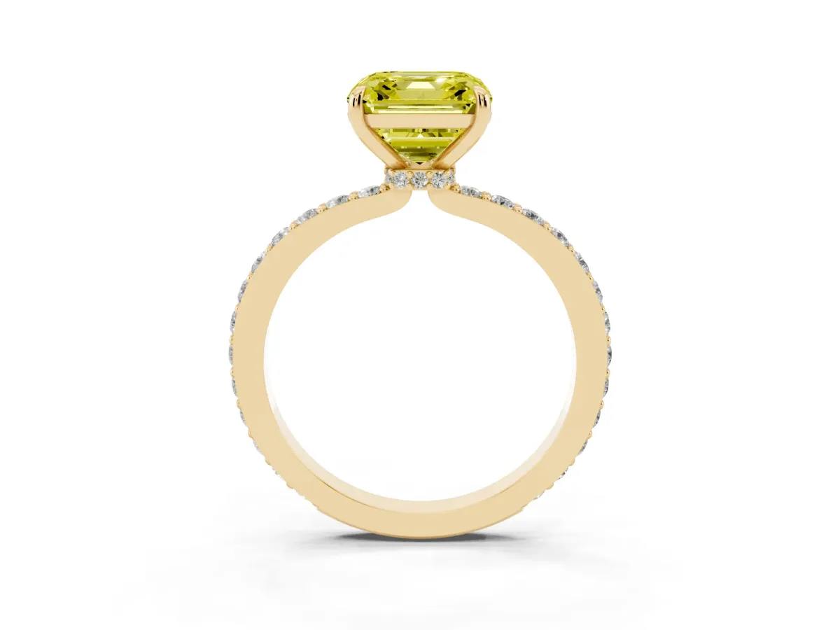 Fancy Yellow Asscher Cut Diamond Solitaire Engagement Ring with Pavé Band and Four-Prong Setting Yellow gold