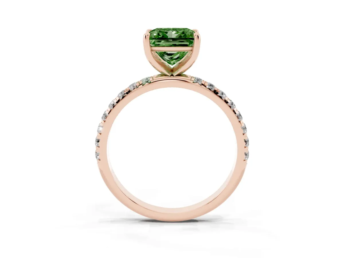 Fancy Green Princess Cut Cut Diamond Solitaire Ring with Micro Pave Band and Four Prong Setting Rose gold