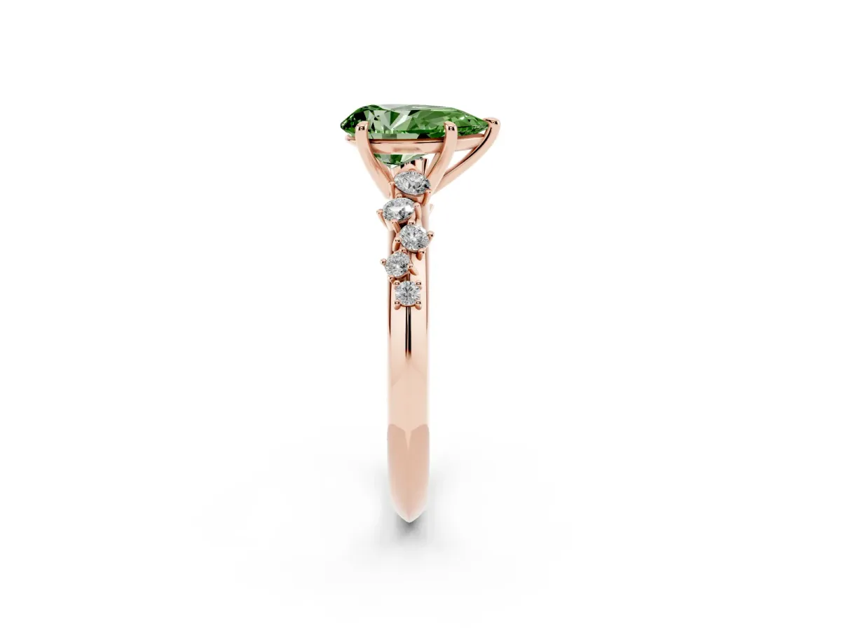 Fancy Green Pear Cut Diamond Cluster Side Stone Solitaire Ring with Prong Setting Rose gold