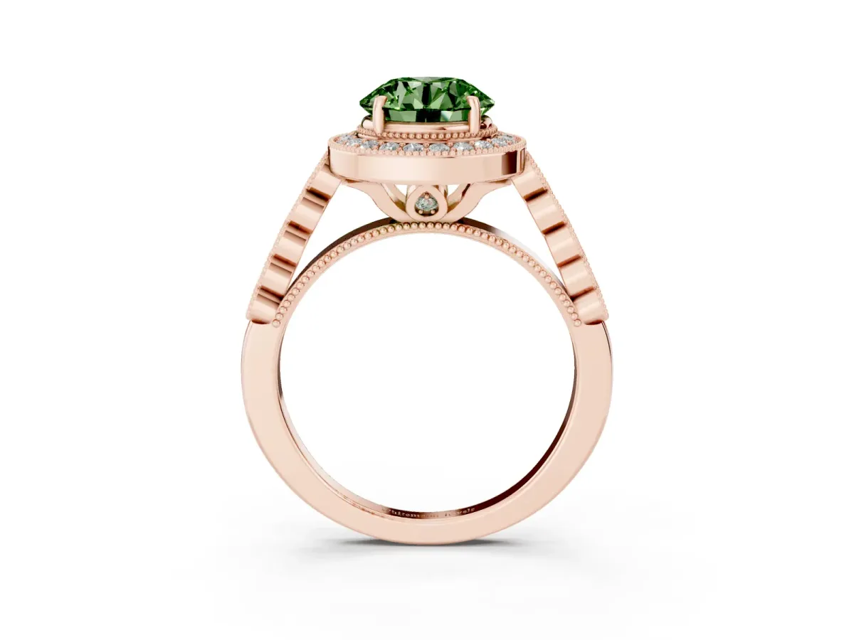 Fancy Green Round Cut Halo Milgrain Solitaire with Bezel Set Side Stones and Pave Band Rose gold