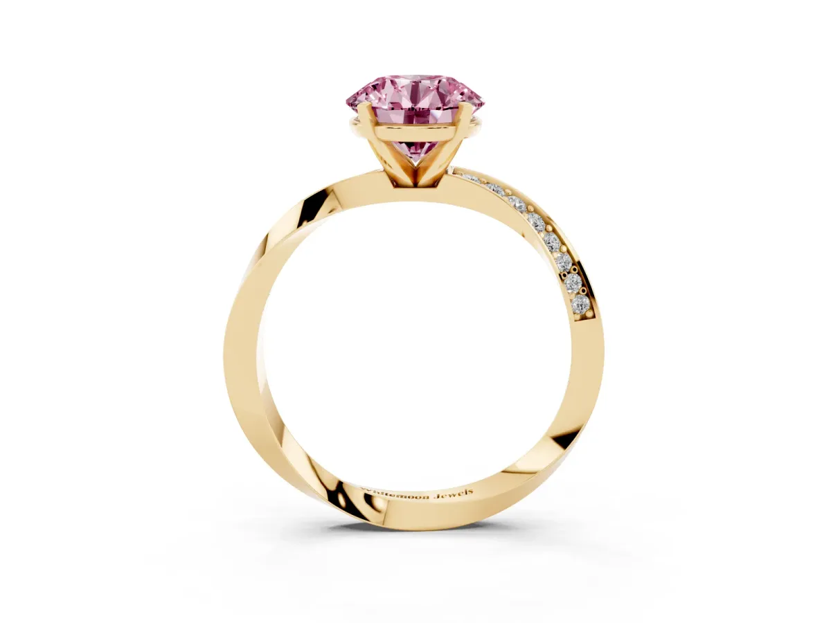 Fancy Pink Round Cut Diamond Engagement Ring with Side Stone Accents and Four-Prong Setting Yellow gold