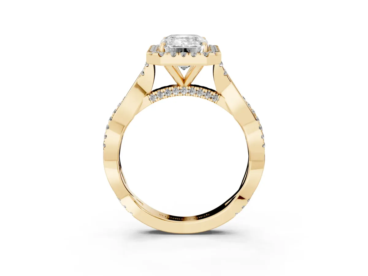 Emerald Cut Halo Twist Band Solitaire Ring Yellow gold