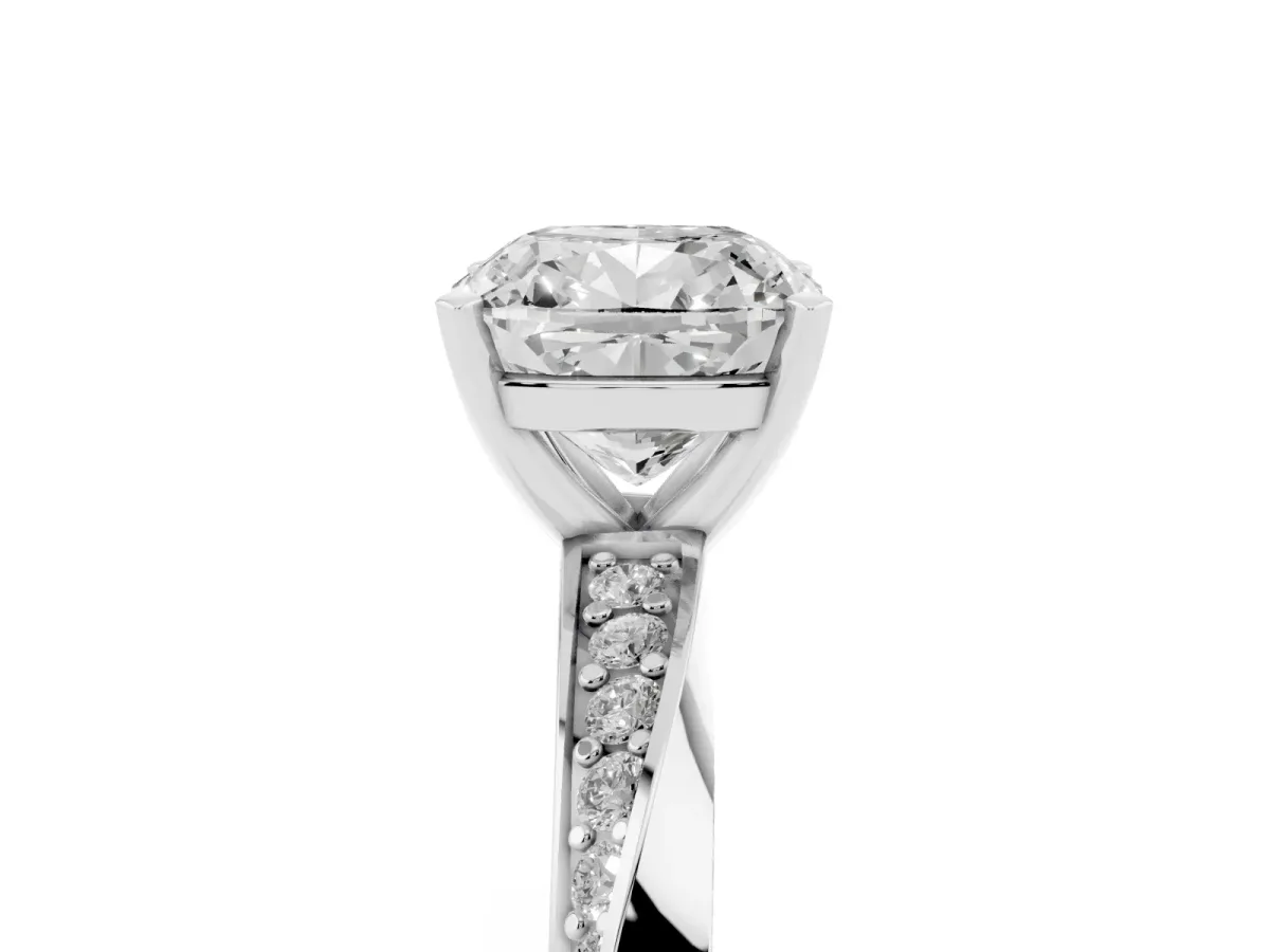 Cushion Cut Diamond Engagement Ring with Side Stone Accents and Four-Prong Setting Silver