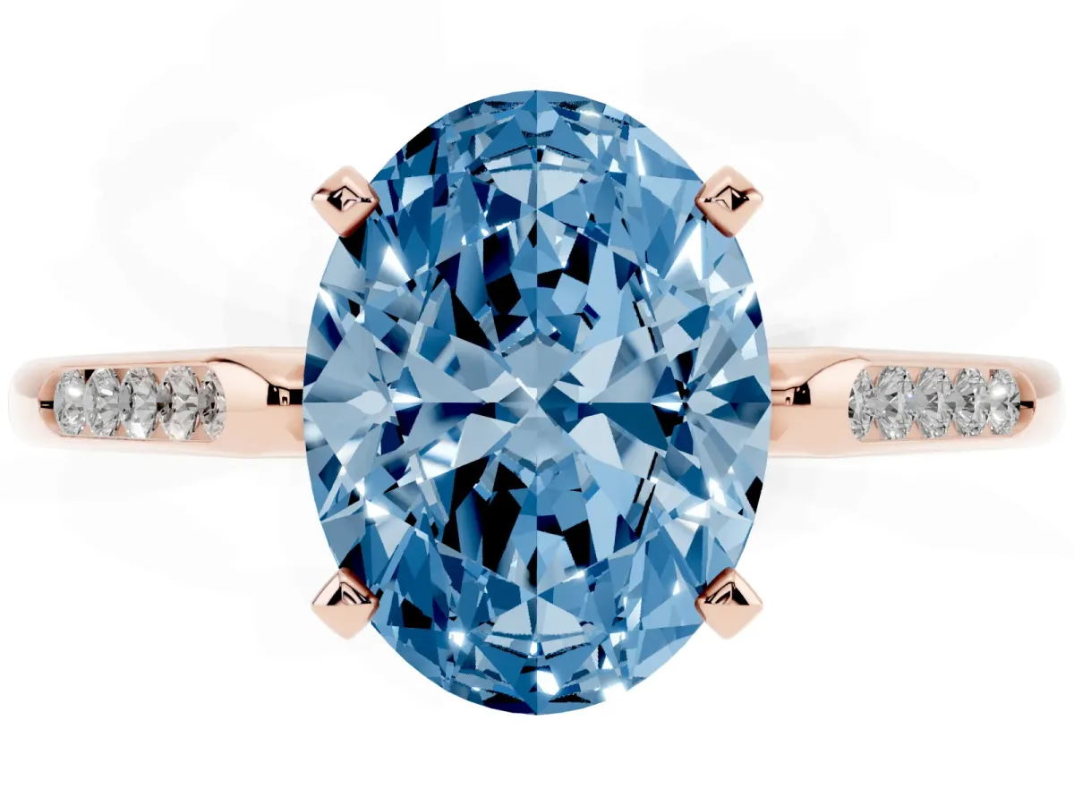 Fancy Blue Oval Cut Diamond Solitaire Ring with Channel Set Round Band and Prong Setting Rose gold