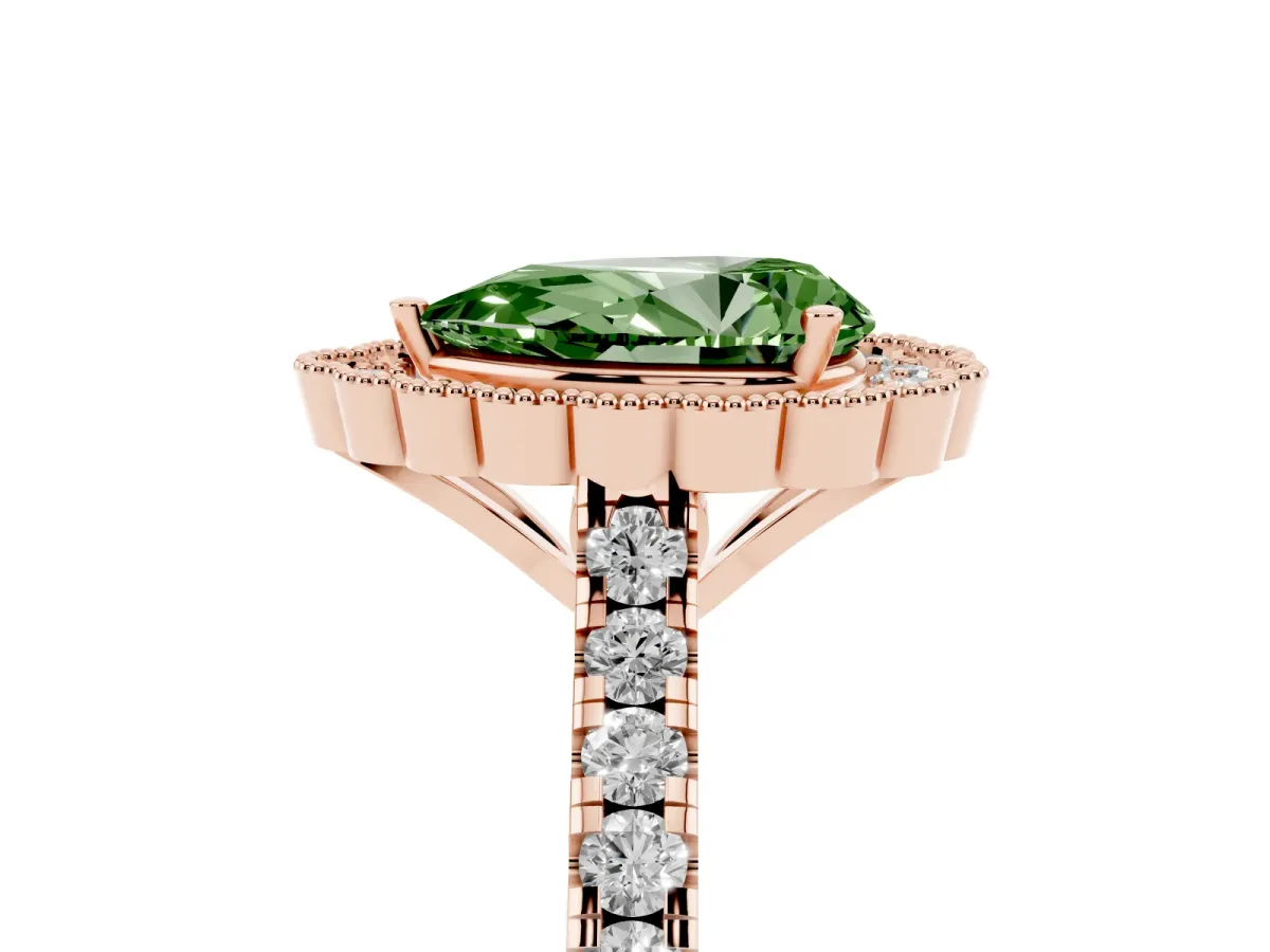 Fancy Green Pear Cut Cut Diamond Milgrain Floral Halo Engagement Ring with Pavé Band Rose gold
