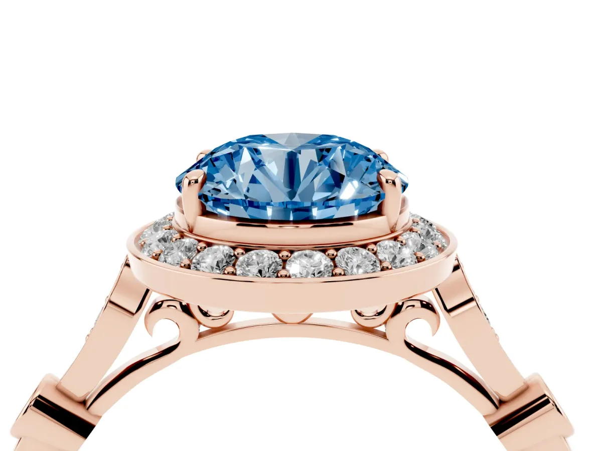 Fancy Blue Round Cut Halo Diamond Engagement Ring with Twisted Band and Four-Prong Setting Rose gold