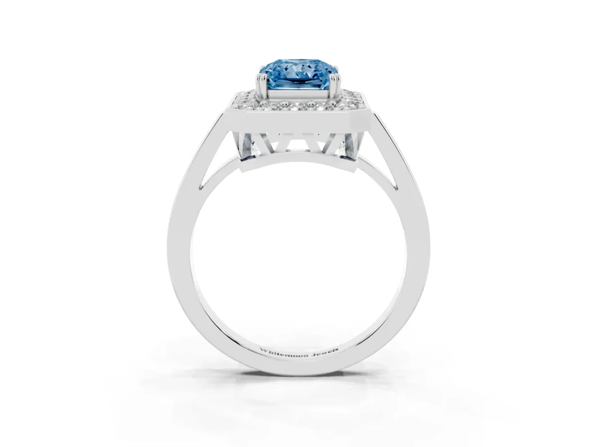 Fancy Blue Radiant Cut Diamond Halo Ring with Split Shank and Four-Prong Setting Platinum
