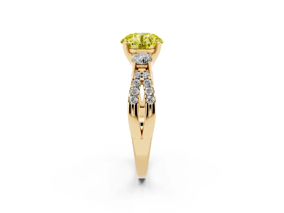 Fancy Yellow Round Cut Diamond Three-Stone Ring with Pavé Split Shank and Four-Prong Setting Yellow gold