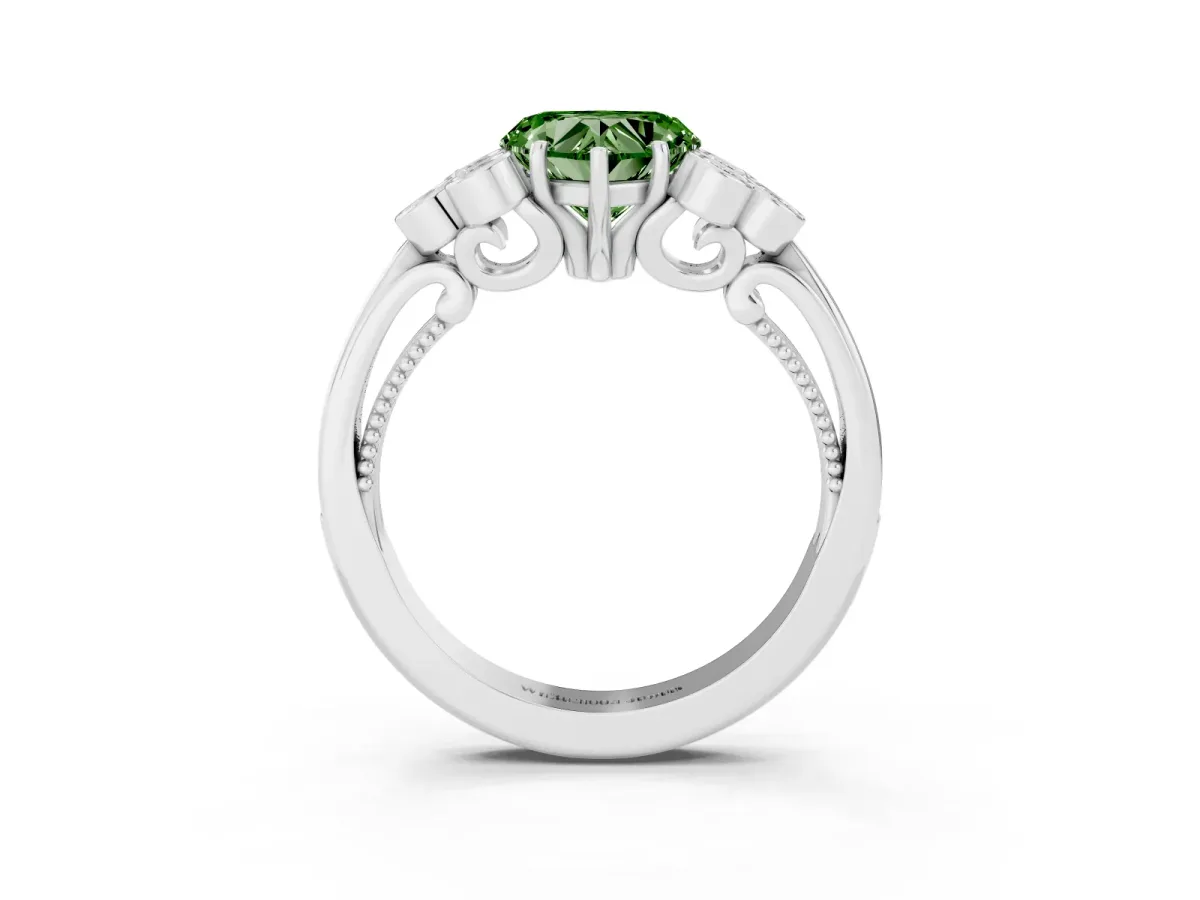 Fancy Green Heart Cut Cut Diamond Engagement Ring with Bezel Set Round Side Stones and Prong Setting Platinum